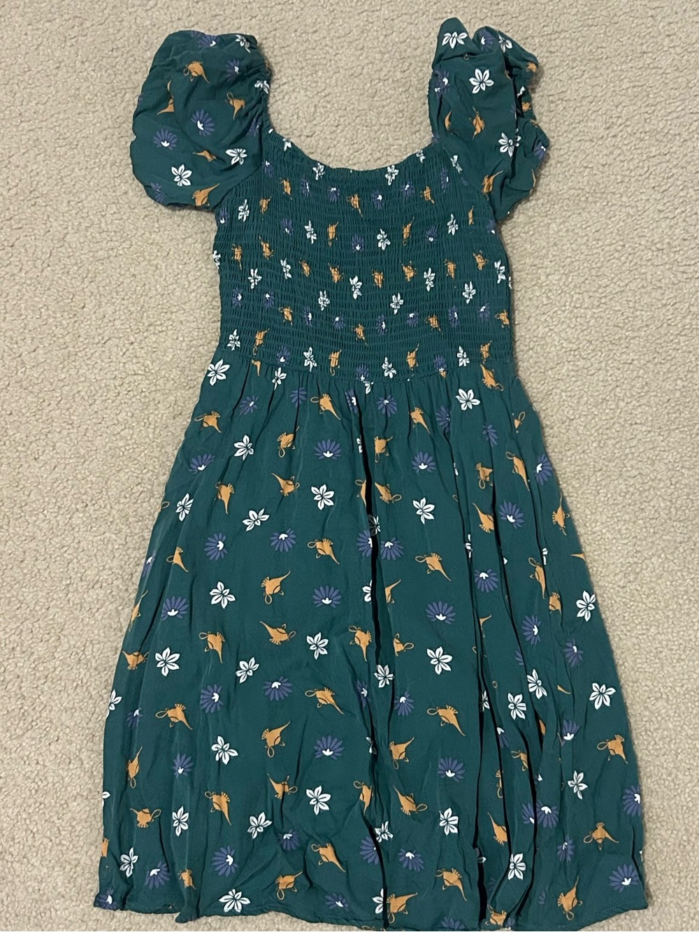 Disney Green Floral & Aladdin Print Puff-Sleeve Dress